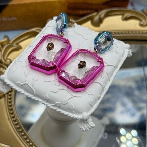 🆕 KURT GEIGER LONDON 🧿 NWOT Rectangle Stone Earrings, Metallic Blue & Pink - Picture 14 of 16